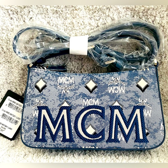 MCM Handbags - NWT MCM Leather + Denim Aren CROSSBODY BAG w DUST BAG Monogram Canvas Blue White